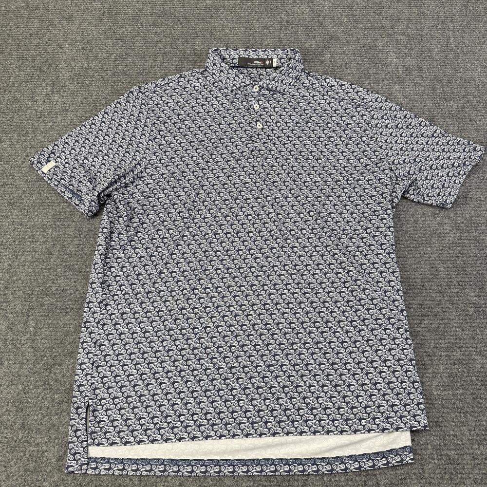 RLX Ralph Lauren Polo Shirt Mens XL Blue Motorcycle Print Golf Performance